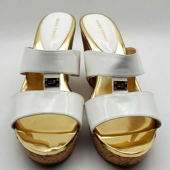 MARC FISHER White and Gold Wedge Sandals. SIZE 10M. S855 - Picture 2 of 8